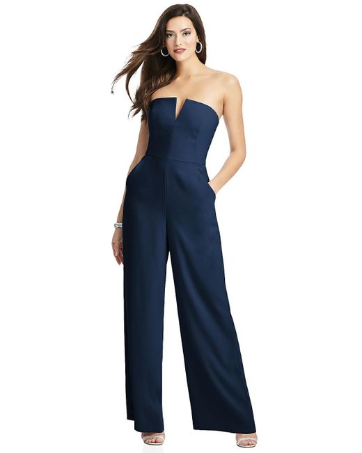 Dessy Collection Blue Strapless Notch Crepe Jumpsuit With Pockets