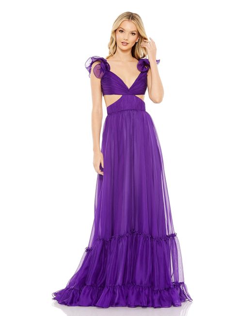 Mac Duggal Purple Ruched Ruffled Shoulder Cut Out Lace Up Gown