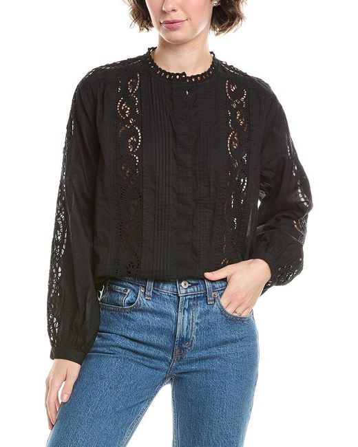 Madewell Black Lace-Inset Pintucked Button-Up Top