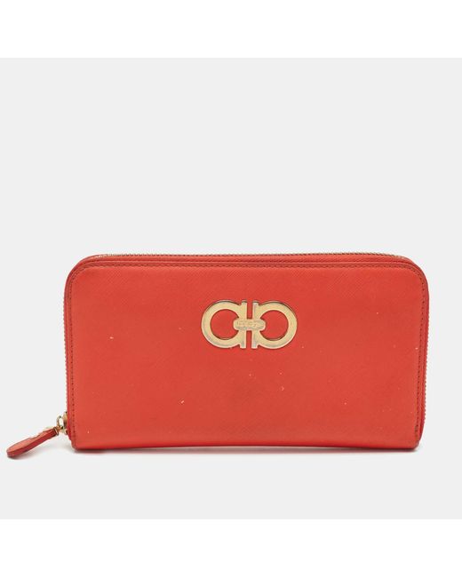 Ferragamo Red Leather Double Gancio Zip Around Wallet