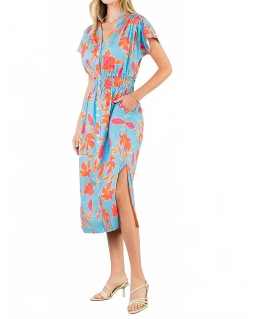 Thml White Smocked Waist Button Down Floral Dress