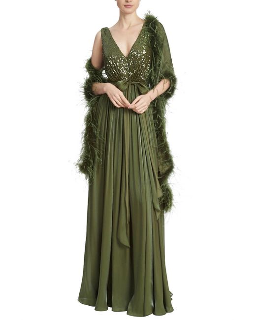 Badgley Mischka Green Sequin Feather Wrap Gown