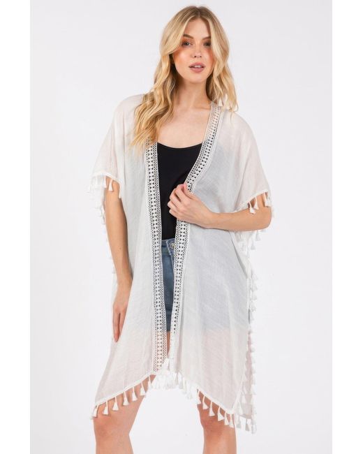 TRUEDAMES White Fashnzfab Crochet And Tassel Trim Cover Up