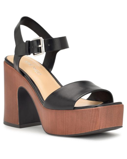 Nine West Black Openit9 Cushioned Footbed Faux Leather Platform Sandals
