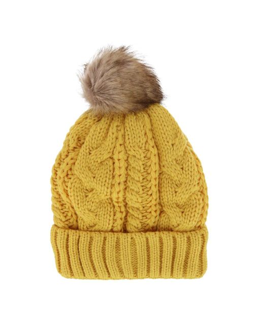 CTM Yellow Cable Knit Lined Winter Beanie With Synthetic Fur Pom