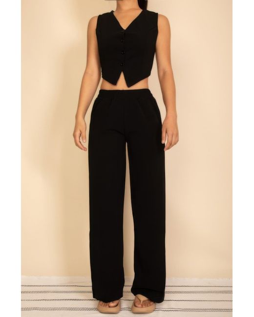 TRUEDAMES Black Tailored Button Vest With Adjustable Back Tie & Wide Leg Pants Set