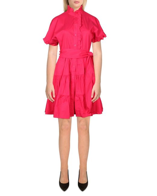 Lauren by Ralph Lauren Red Cotton Ruffled Trim Shirtdress
