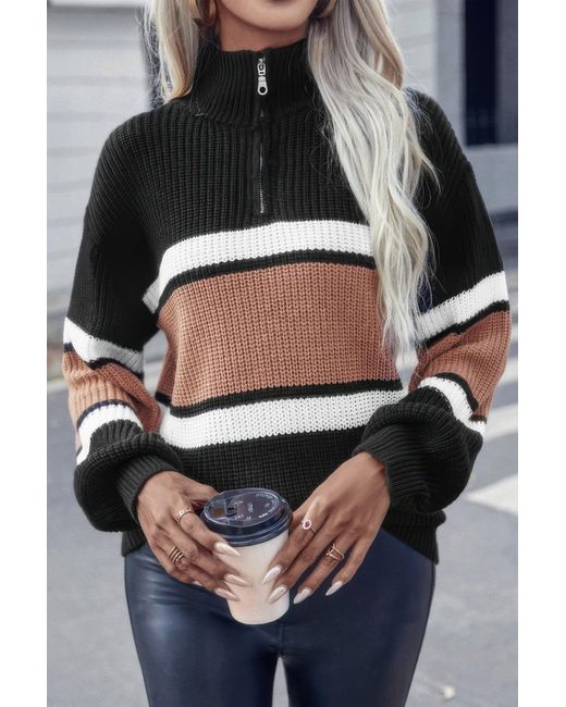 TRUEDAMES Black Half Zipper Strip Knit Loose Fit Sweater