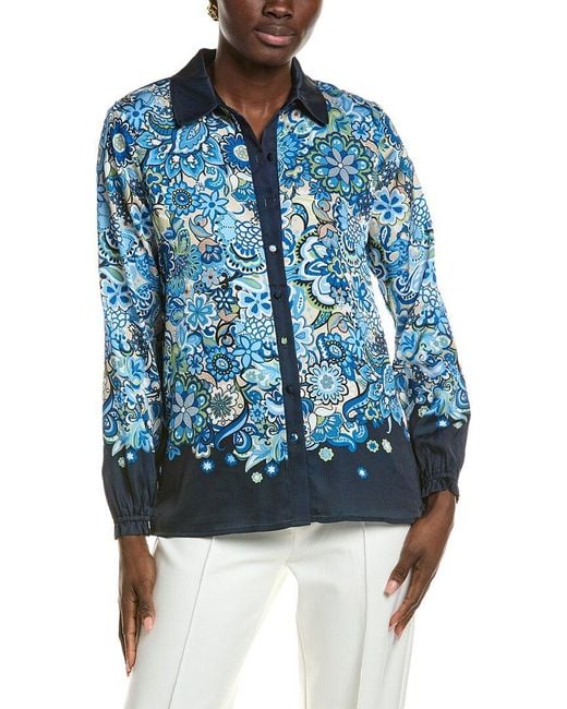 Tahari Blue Garden Bloom Button Down Blouse
