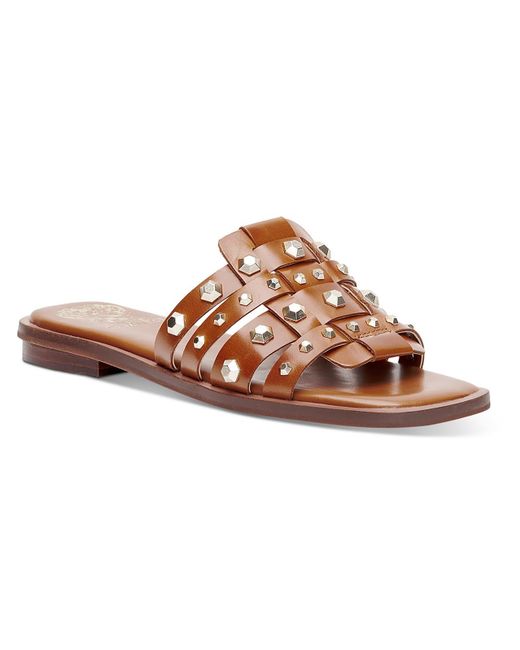 Vince Camuto Brown Neverna Leather Studded Slide Sandals