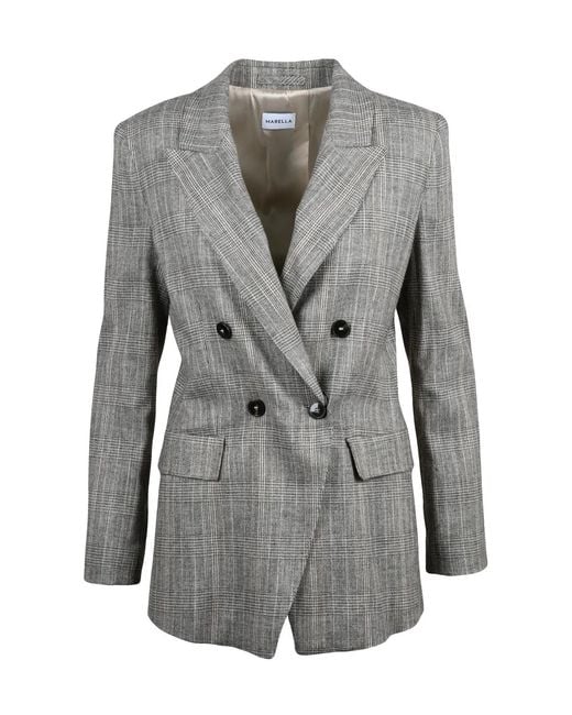 Marella Gray Tailored Double-Breasted Jacket With Checkered Pattern