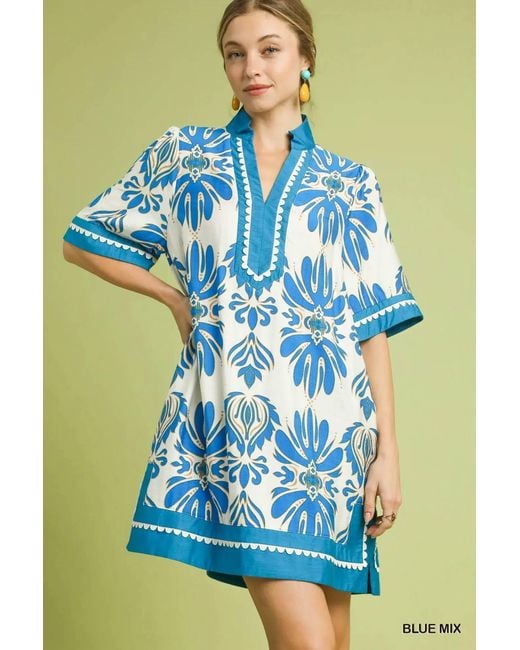 Umgee Blue Border Printed Dress
