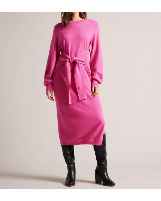 Ted Baker Pink Essya Slouchy Tie Front Midi Knit Sweater Dress