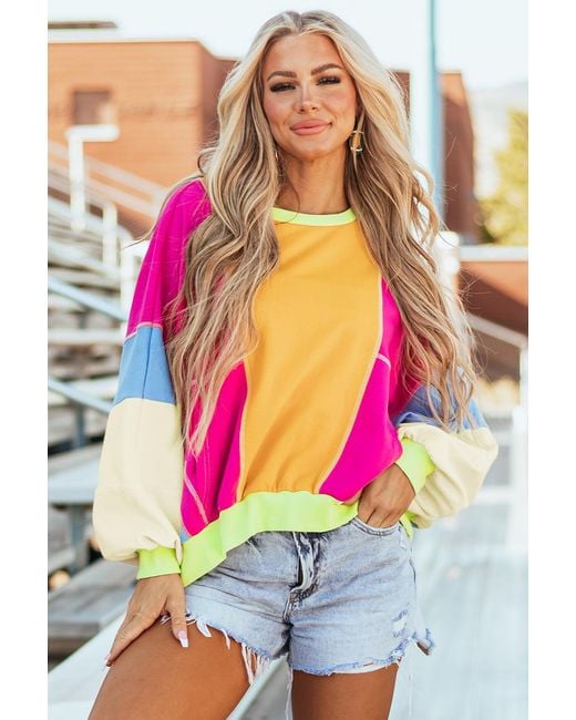 TRUEDAMES Orange Grapefruit Colorblock Patchwork Exposed Stitching Oversize Top