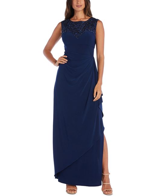 R & M Richards Blue Petites Embellished Long Evening Dress