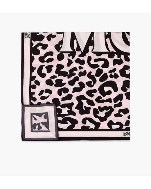 MCM Black Leopard Print Logo Silk Scarf