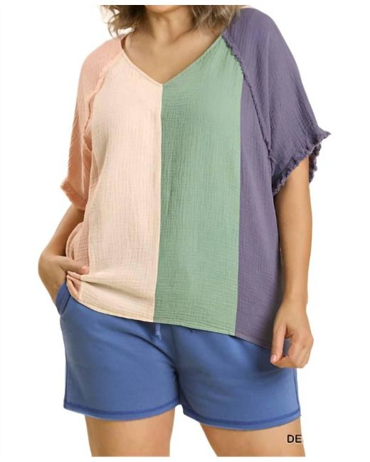 Umgee Blue Color Block Cotton Gauze Top