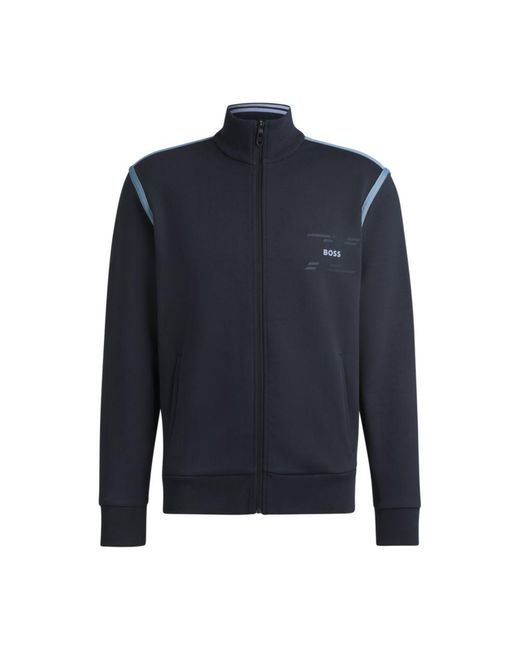 Boss Blue Zip-Up Sweatshirt With Logo Artwork for men