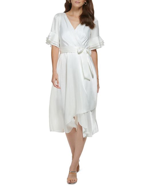 DKNY White Satin Mid-calf Midi Dress