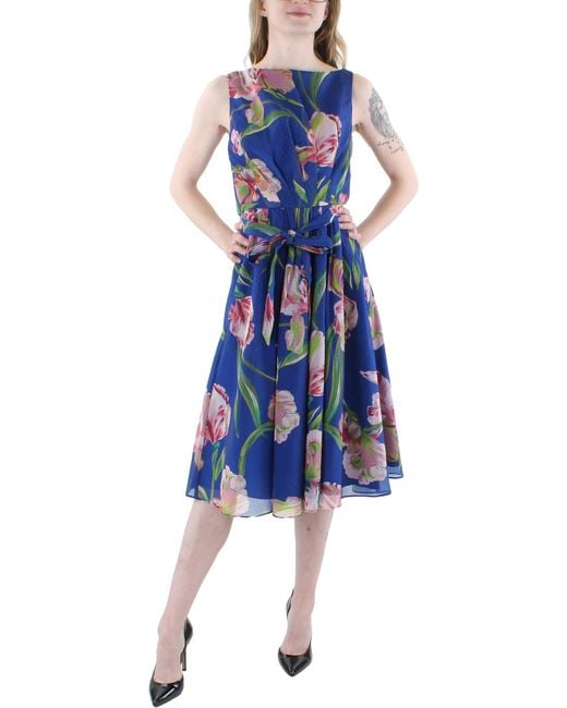 Kay Unger Blue Floral Pleated Cocktail And Party Dress