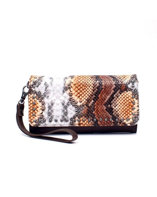 M.A.B.E Brown Studded Python Print Clutch Wallet
