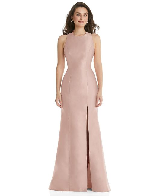 Alfred Sung Pink Jewel Neck Bowed Open-back Trumpet Dress With Front Slit