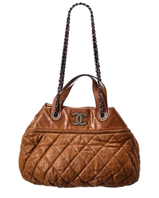 Chanel Brown Quilted Lambskin Leather Large Chain Cc Tote (authentic Pre