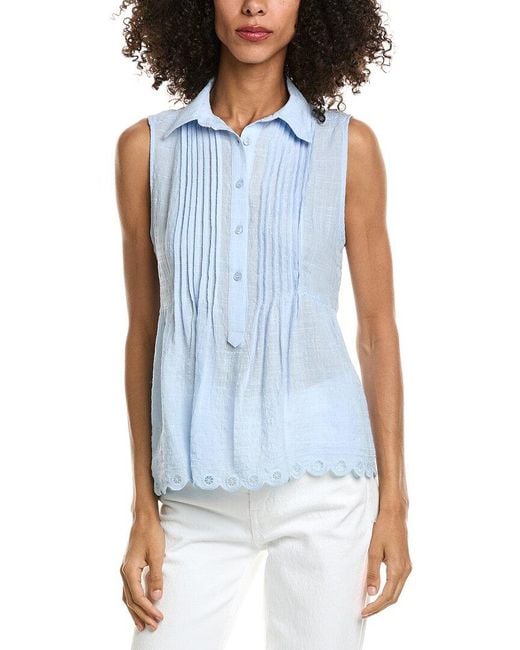 Max Studio Blue Scallop Edge Half Placket Blouse