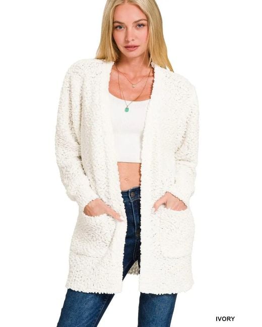 TRUEDAMES Women's White Long Sleeve Popcorn Sweater Cardigan With