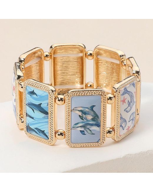 Fashnzfab Blue Rectangular Dolphin Epoxy Cluster Link Stretch Bracelet