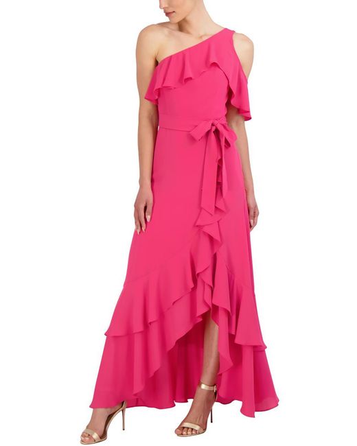 BCBGMAXAZRIA Pink Fit And Flare Off The Shoulder One Strap High Low Asymmetrical Hem Evening Gown