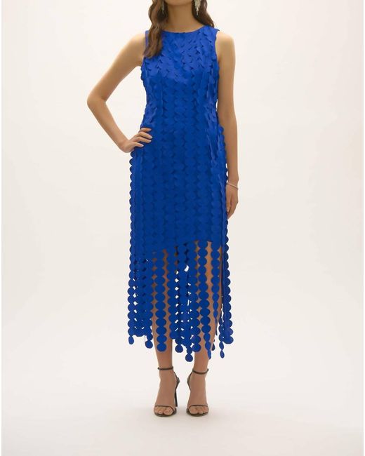 Joseph Ribkoff Women's Blue Scuba Knit Dress With Circle Fringes