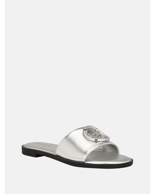 Guess Factory White Magnify Faux-leather Beach Slides