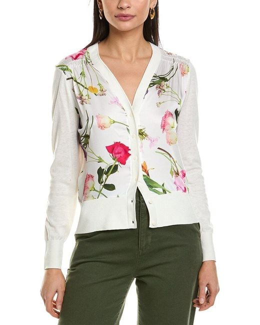 Ted Baker White Woven Front Printed Linen-blend Cardigan
