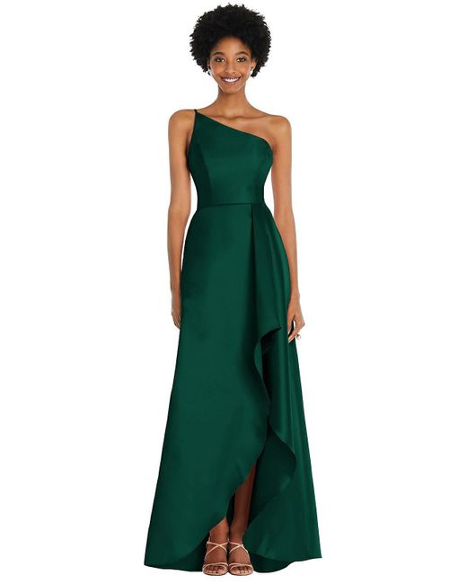 Alfred Sung Green One-shoulder Satin Gown With Draped Front Slit And Pockets