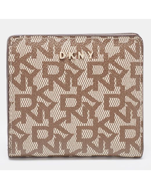 DKNY Natural Beige Signature Coated Canvas Compact Wallet