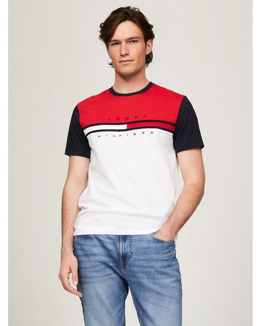 Tommy Hilfiger Red Colorblock Flag Stripe Logo T-shirt for men