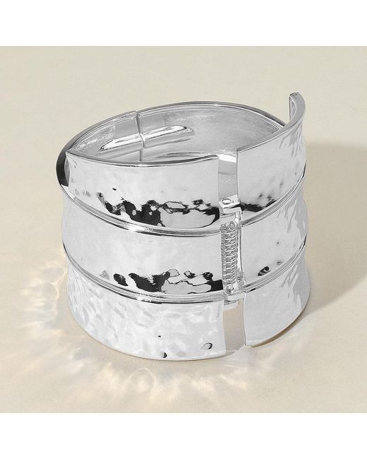 Fashnzfab Metallic Bold Wide Textured Metal Hinged Bangle Bracelet Rhodium