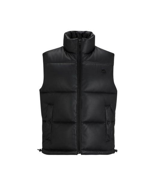 HUGO Black Water-repellent Gilet In Faux Leather With Stacked-logo Hardware for men