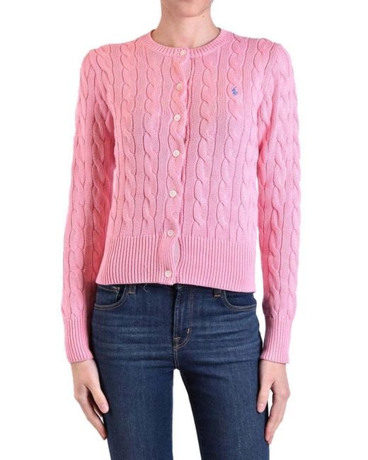 Polo Ralph Lauren Pink Cable Knit Sweater With Button-Up Front