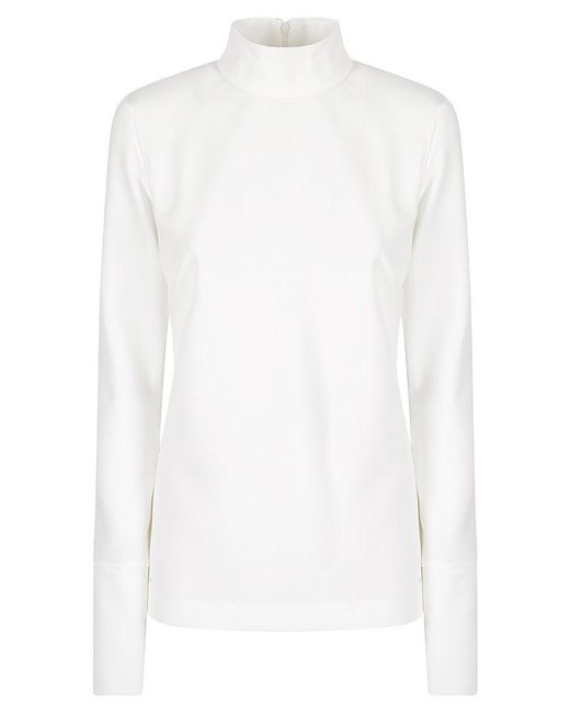 THE LATEST White High-Collar Long-Sleeved Top With Back Zipper