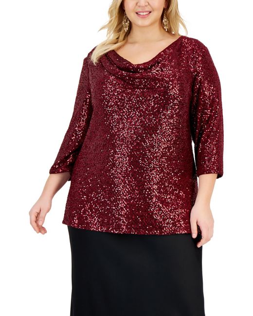 Alex Evenings Red Mesh Sequined Blouse