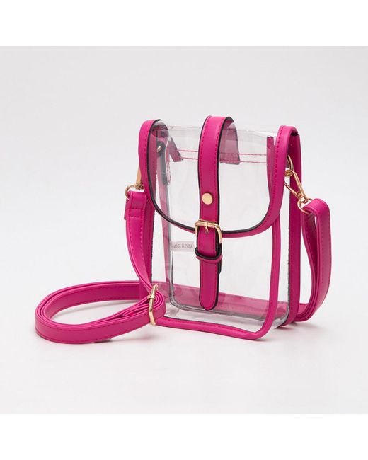 Fashnzfab Pink Faux Leather Belt Buckle Pointed Transparent Crossbody Bag