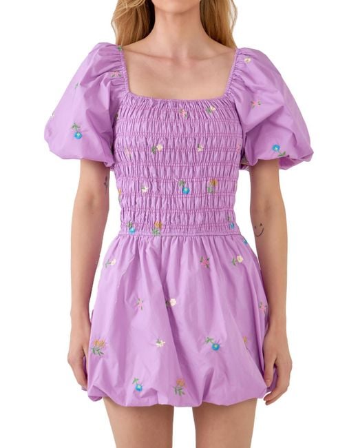 English Factory Purple Smocked Embroidered Mini Dress