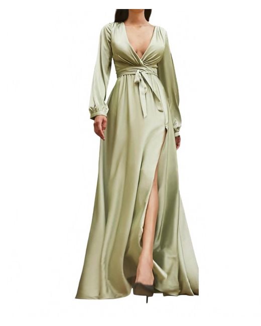 Cinderella Divine Green Long Sleeve Wrap Satin Gown