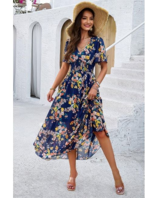 TRUEDAMES Blue Boho Floral Print High Waist Band Fit Lined Dress