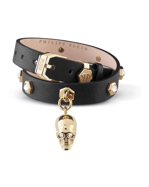 Philipp Plein Black 3d $kull Crystal Calf Leather Bracelet