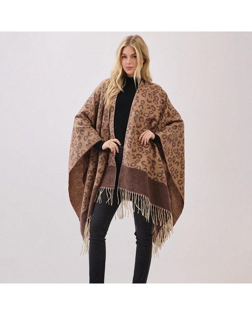 TRUEDAMES Brown Leopard Pattern Fringe Poncho Wrap