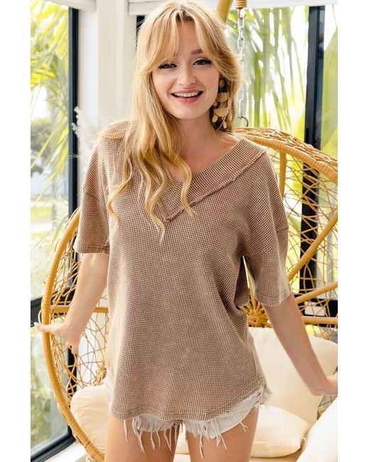 TRUEDAMES Natural Mineral Washed V-Neck Cut Edge Detail Top
