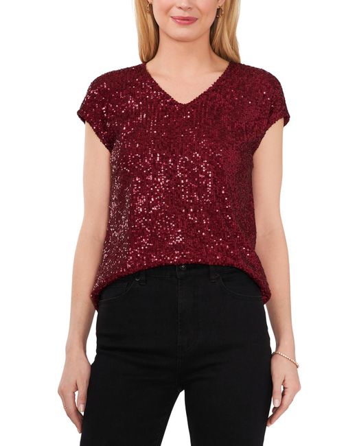 Vince Camuto Red Sequined Cap Sleeve Blouse